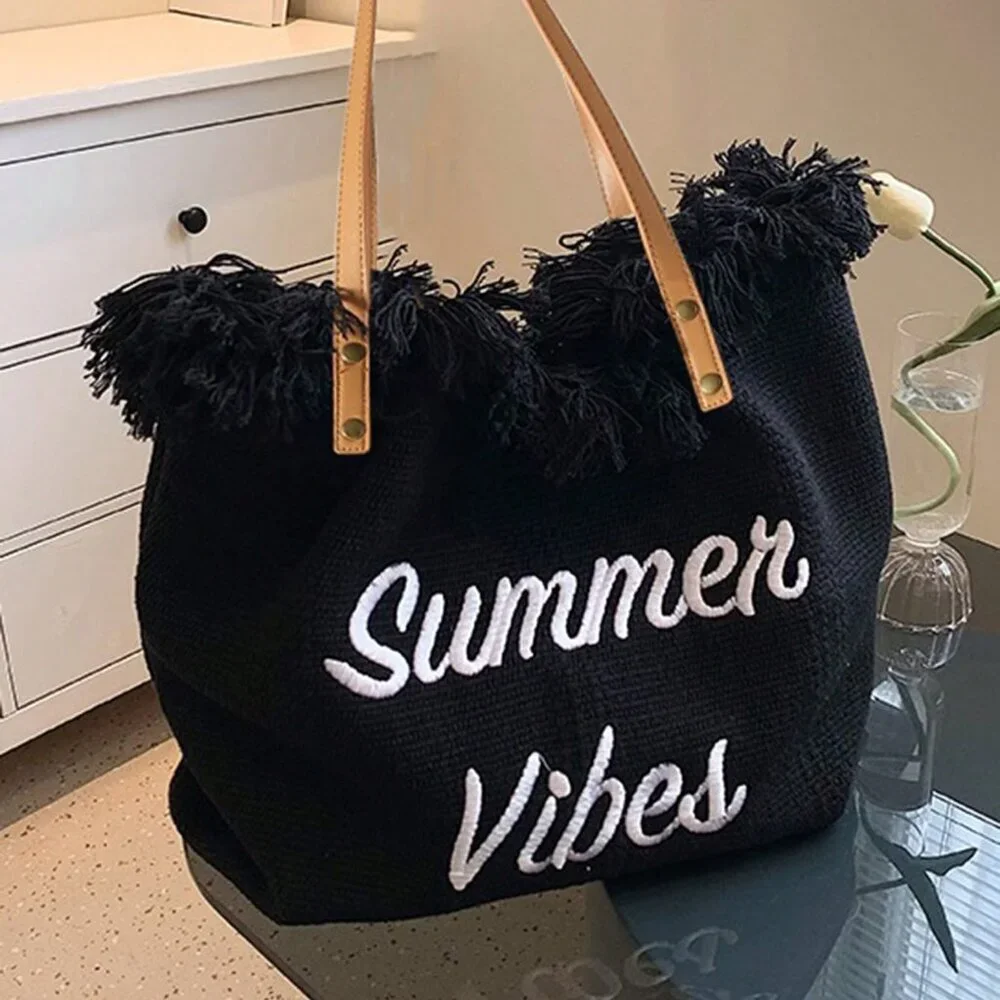 Black Casual Women's Large Capacity Fringed Canvas Tote Bag With Letter Design - Picture 3 of 3